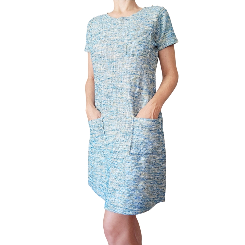 NEW Roberto Collina Shift Dress Blue Multicolor Tweed Cotton Knit Sz.M S EASTER